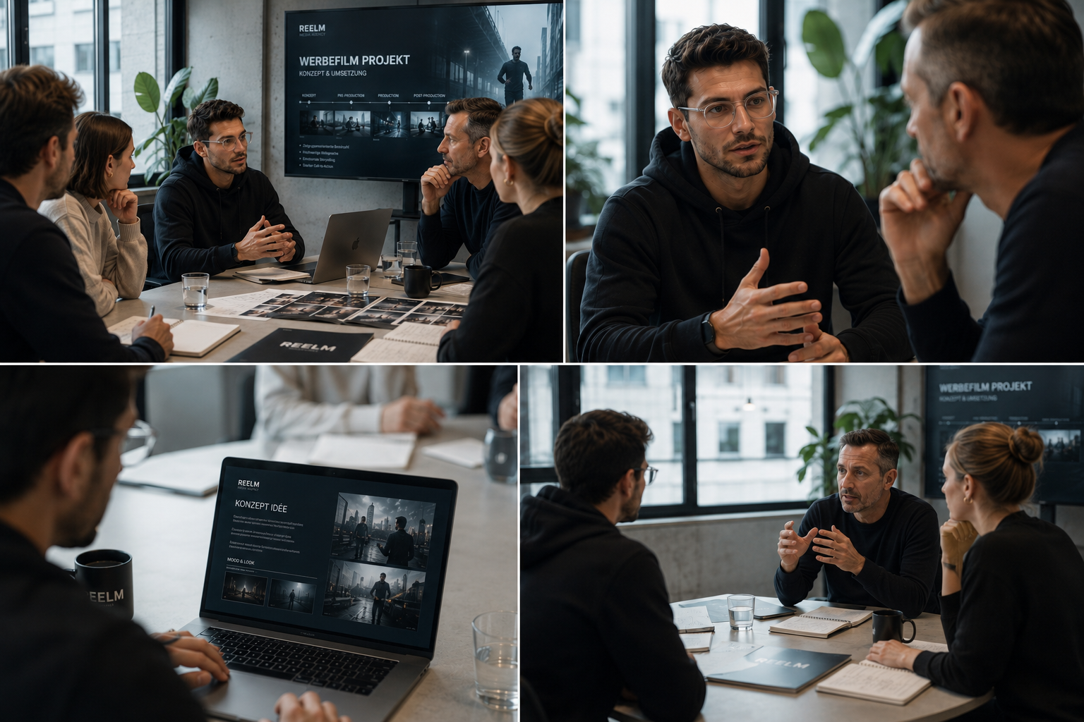REELM Team-Meeting im Studio mit Werbefilm-Konzept auf dem Bildschirm